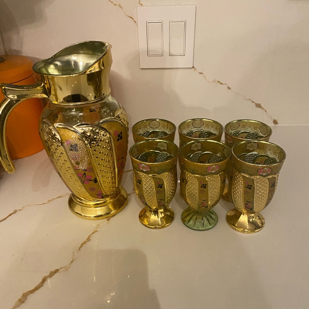 Decanter and cups set vintage with some imperfections